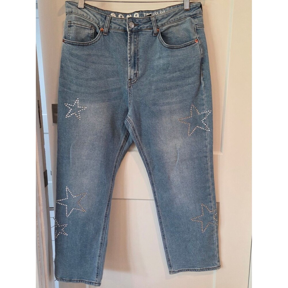 Y2K S.O.N.G. Star Rhinestone Jeans Cropped Straight Leg Light Wash Americana 13